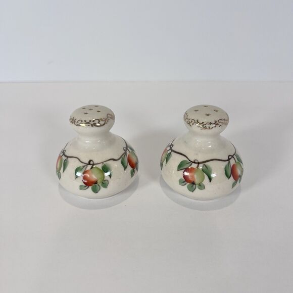 Antique Salt And Pepper Shakers Hand Painted Apples And Gold Motif - Picture 1 of 7